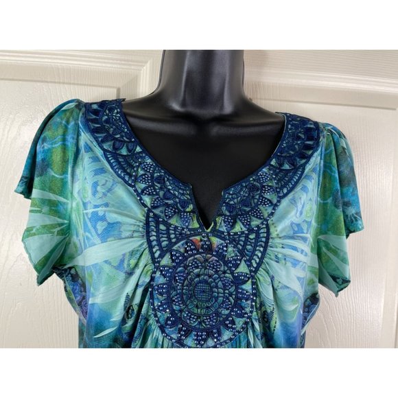 Apt 9 Blouse Women Blue Green Short Sleeve Stretch Smooth Knit Top Size Medium M - Picture 2 of 11